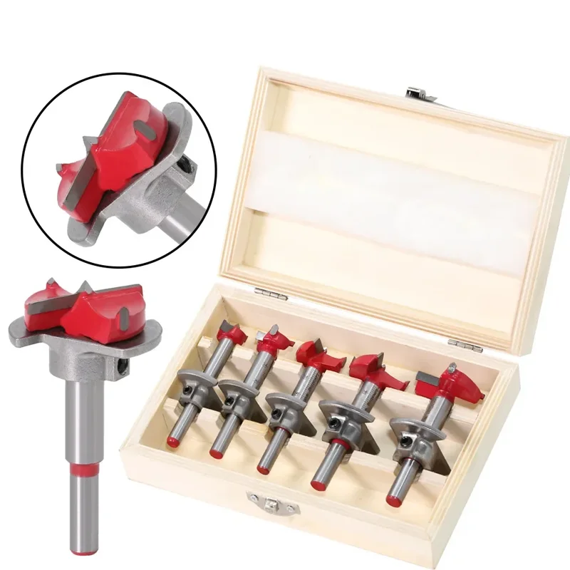 5Pcs Hinge Hole Opener Positioning Hole Saw Kit Adjustable 15-35mm Woodworking Carbide Drill Bits Set Locating Drill Tools