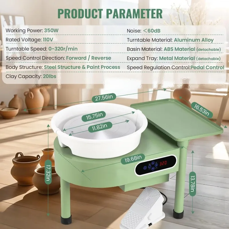 350W 12in Turntable Electric Pottery Forming Machine Foot Pedal LCD Screen Pottery Wheel With Detachable Extended Tray