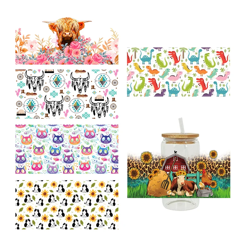 3D UV DTF Transfers Stickers 16oz Cup Wrap Cats Cows Dinosaurs Animal Printed For DIY Glass Ceramic Metal Leather Etc. D1379