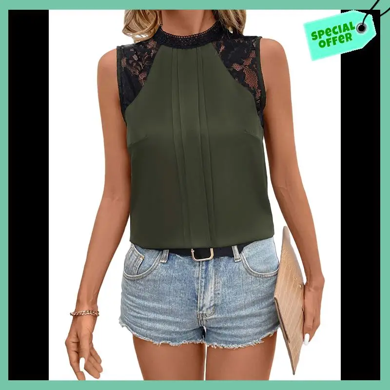 

Sturdy Women's Lace Sleeveless Tops Pleated Summer Tank Tops 2025 Dressy Casual Sleeveless Shirts Blouse