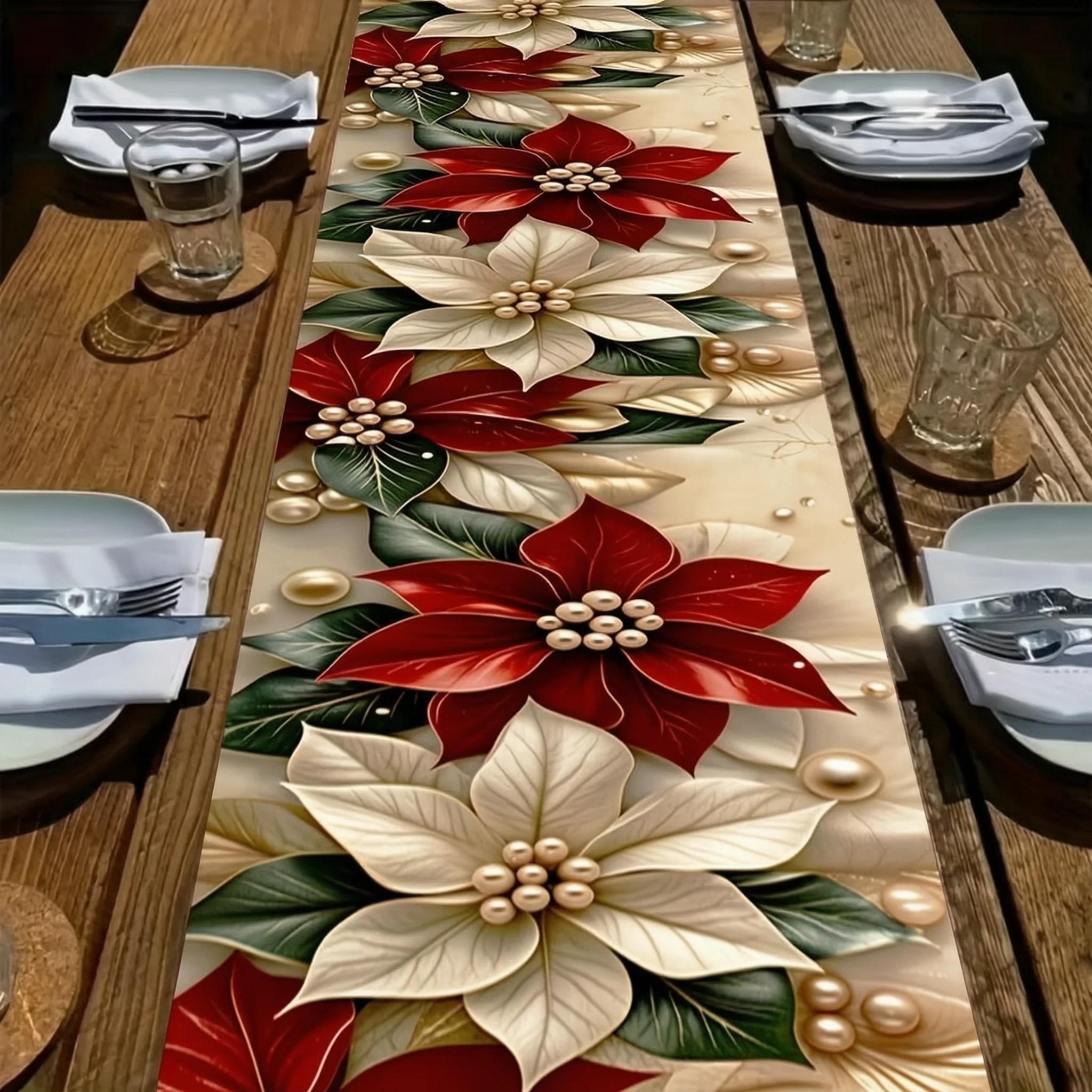 Printed Vintage Floral Table Runner, Table Cover for Christmas New Year, Picnic Dinner Kitchen Dining Table Home Party Decor