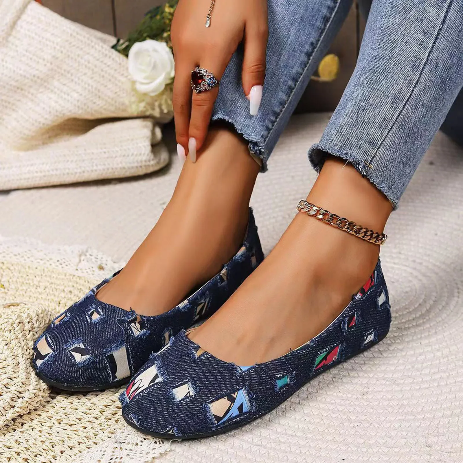 Women Loafers 2024 New Mixed Colors Patchwork Denim Breathable Shoes Ballerina Moccasins Casual Round Toe Slip On Shallow Shoes