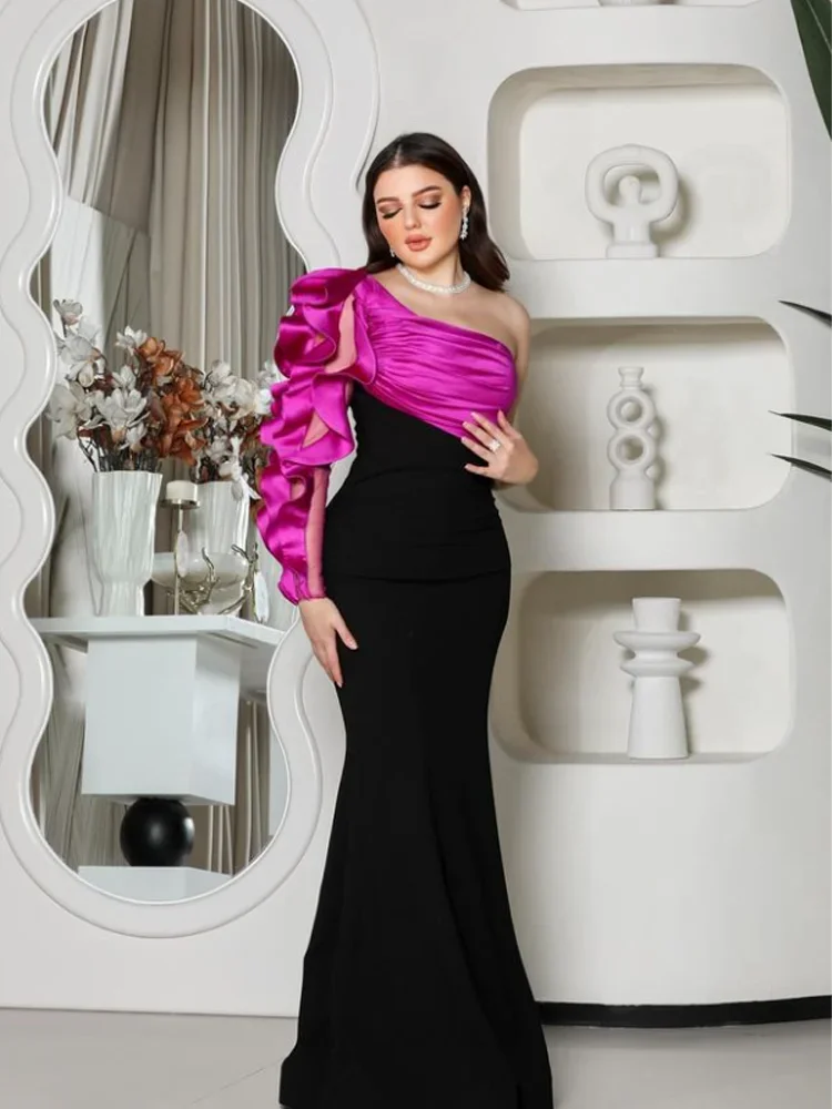 Customized High Quality Exquisite Fashion Jersey Pleat Ruffle Straight One-shoulder Long Dresses Evening Dresses Classic Simple