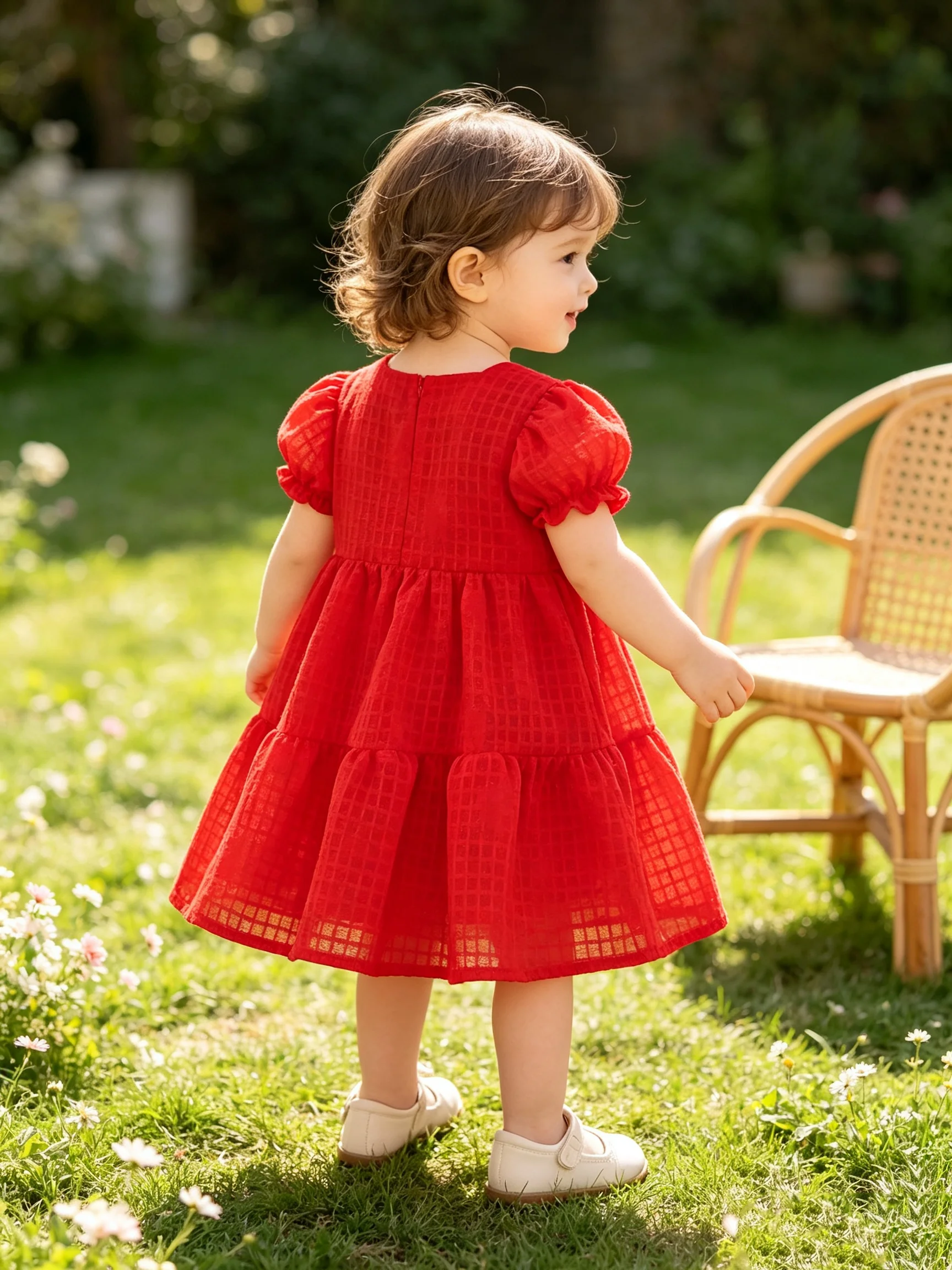 Girls Summer Red Plaid Bubble Sleeve Dress Infant Girls Clothing Vintage Style Dress for Baby Girls
