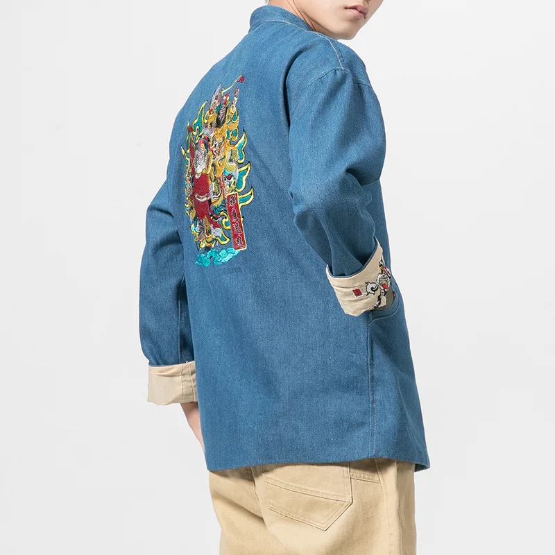 

Chinese Style Embroidered Denim Jacket Men Streetwear Jeans Jackets Embroidery Coats Male Chinese Button Design