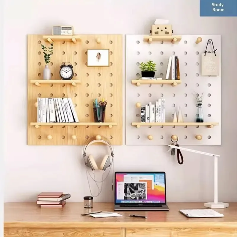 Solid Wood Pegboard Wall Storage Space Saving Modular Hooks Shelves Creative Organizer Home Garage Kitchen White 40x60cm
