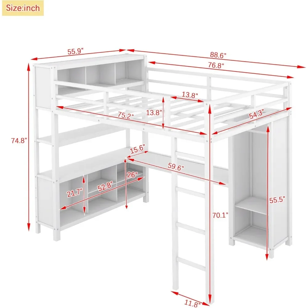 Full Size Loft Bed with Storage Cubes and Shelves, Heavy Duty Loft Beds, Metal Loft Bed with Wardrobe and L-Shaped Desk