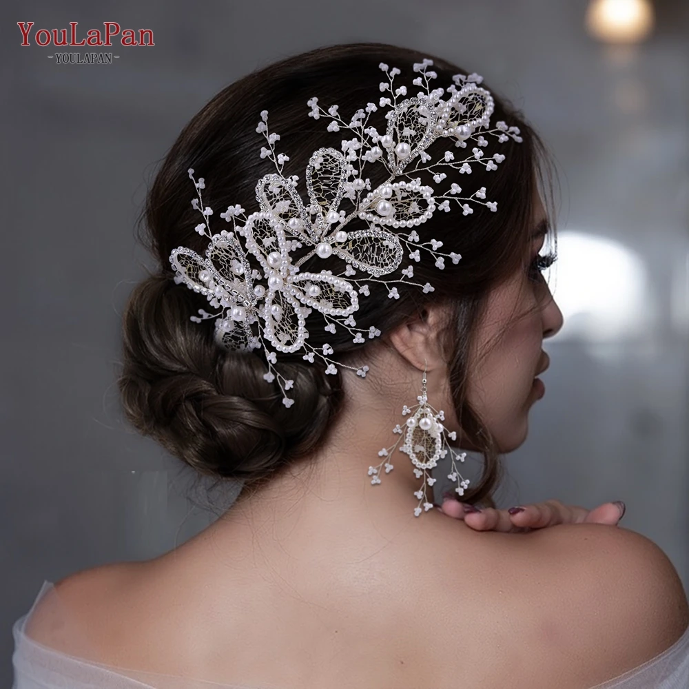 

YouLaPan Sweet Romantic Bride Jewelry Set Pearl Flowers Headband with Earring Fairy Headwear Woman Accessories for Wedding HP486