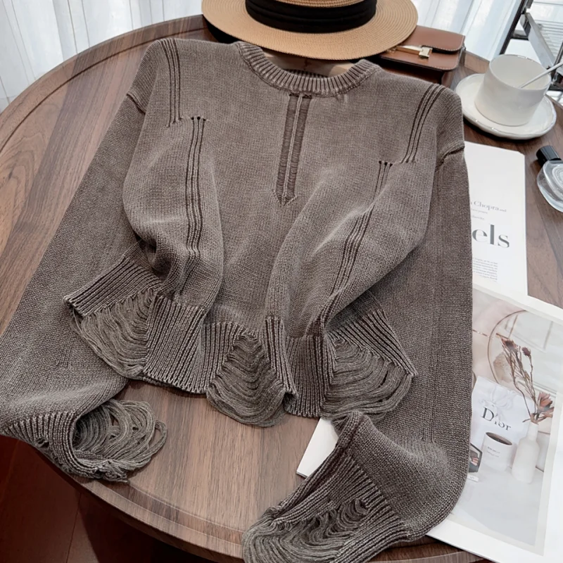 Grey Women Clothing Vintage Knitting Sweater Jacket Brown Cashmere Pullover Long Sleeve Casual Fashion Female Winter Tops