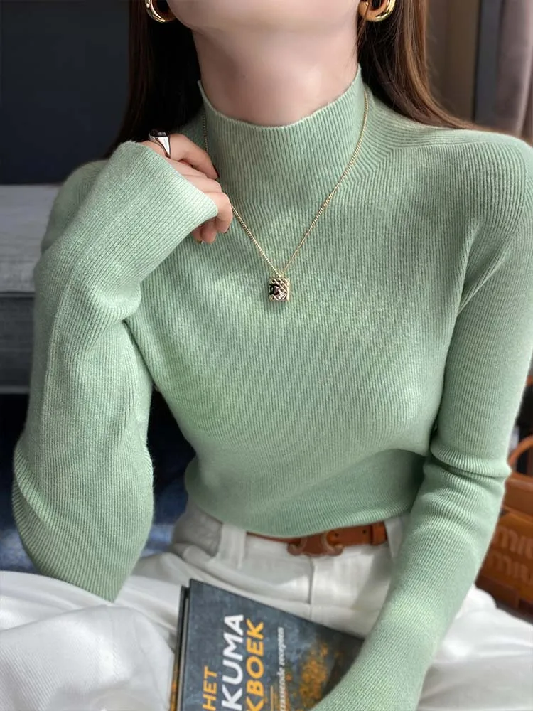 Camisola de malha feminina pullovers nova manga longa mock neck preto camisola de malha pulôver feminino topos suéteres sueters de mujer q1015