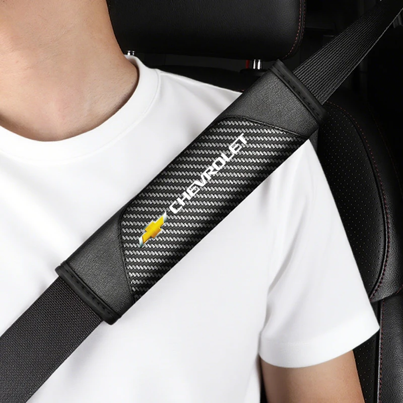 Piezas de cinturones de seguridad de coche de fibra de carbono de cuero genuino y accesorios de coche para Chevrolet Silverado Impala Malibu Equinox Camaro