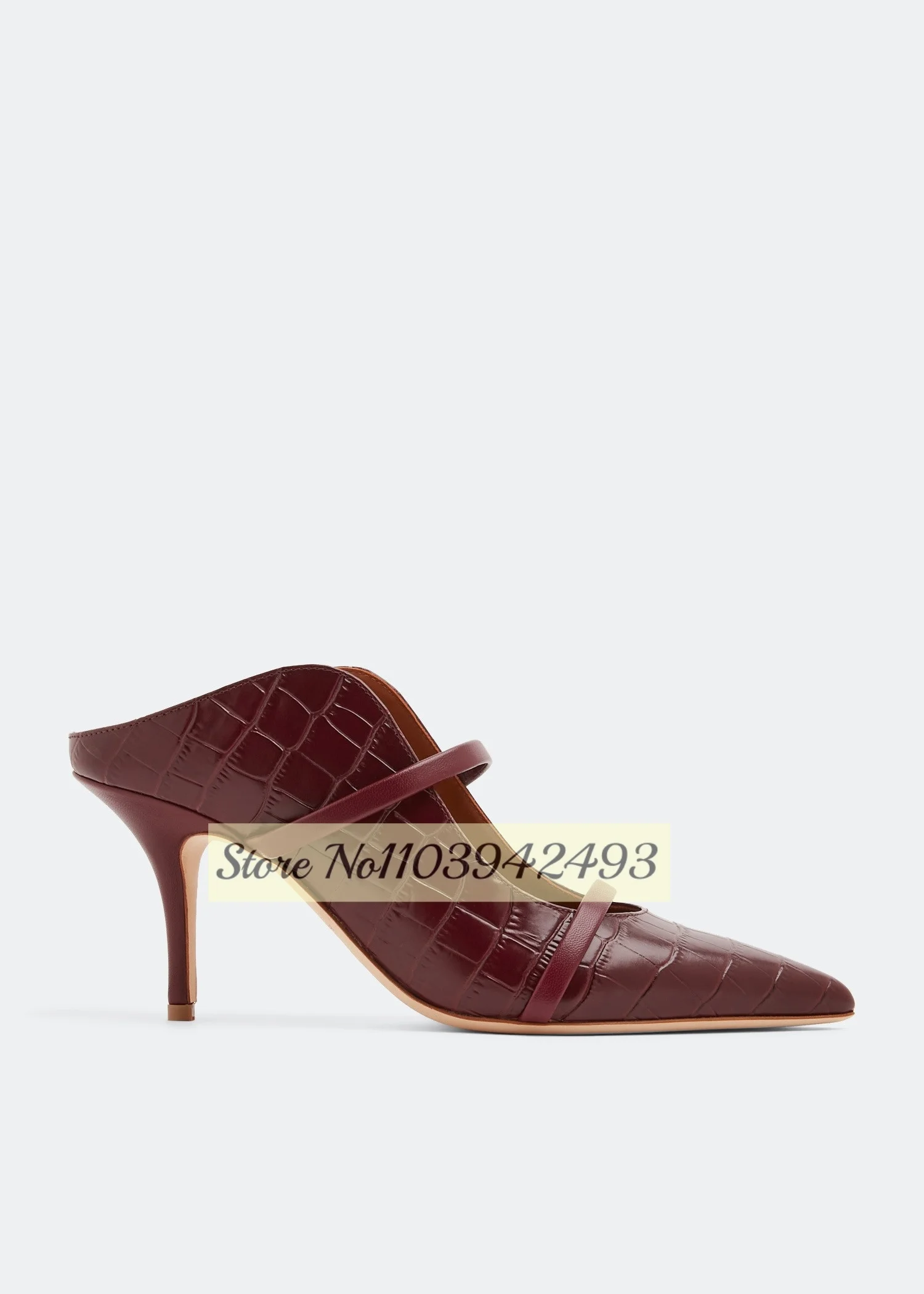 

Burgundy Double Strappy Mule Sandals Peep Toe High Heels Shallow Slip On Pull On Thin High Heel Solid Women Luxury Designer Shoe