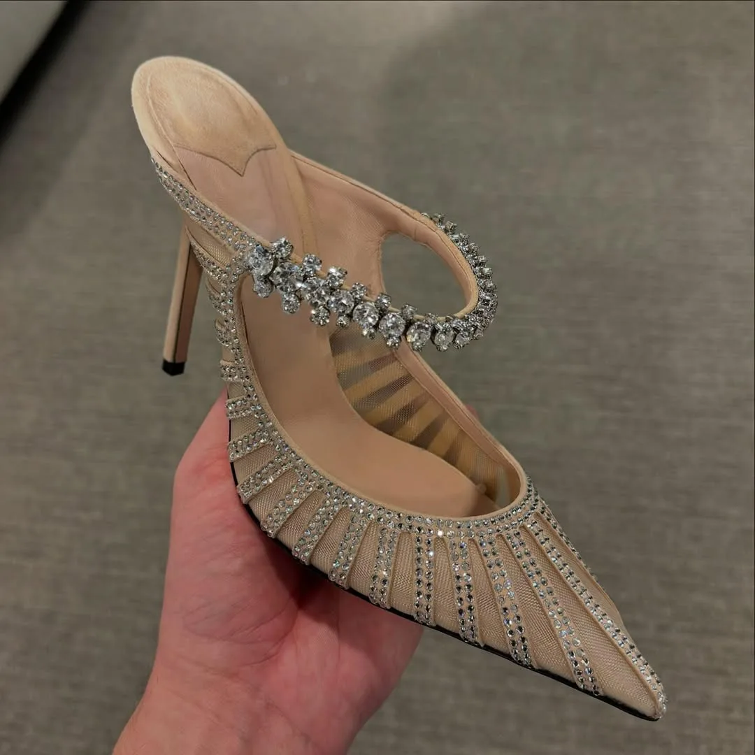 

Designer Stiletto High Heel Crystal Sandals Summer Sexy Pointed Toe Lace Breathable Women's Slippers Slip On Comfortable Pumps