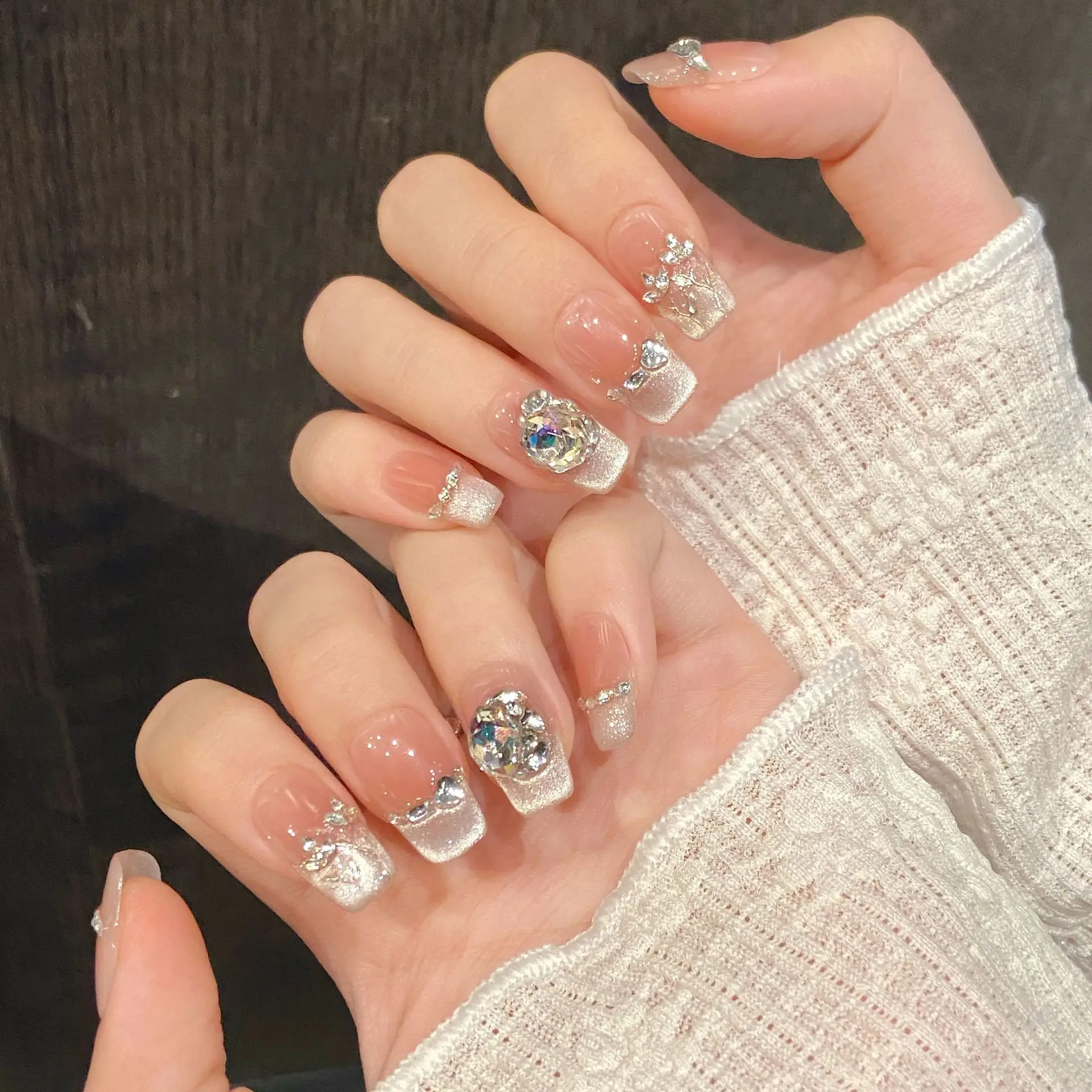 10 PCS Luxury Handmade Press on Nails Middle Square Gradual Cat's Eye Design with 3-PIECE Tool Adhesive Nail Glue Tabs