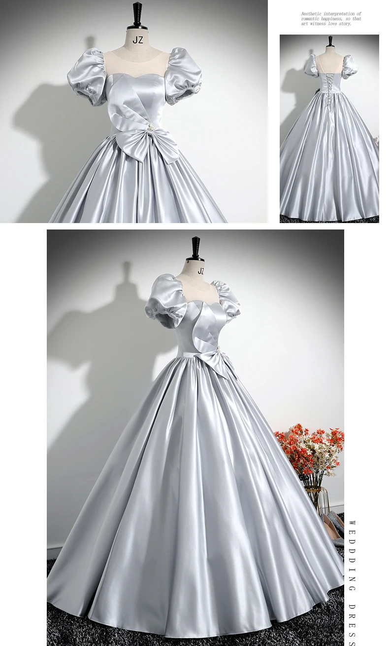 Robes de Quinceanera personnalisées, manches bouffantes, robes de bal d'anniversaire, nœud formel doux, argent premium