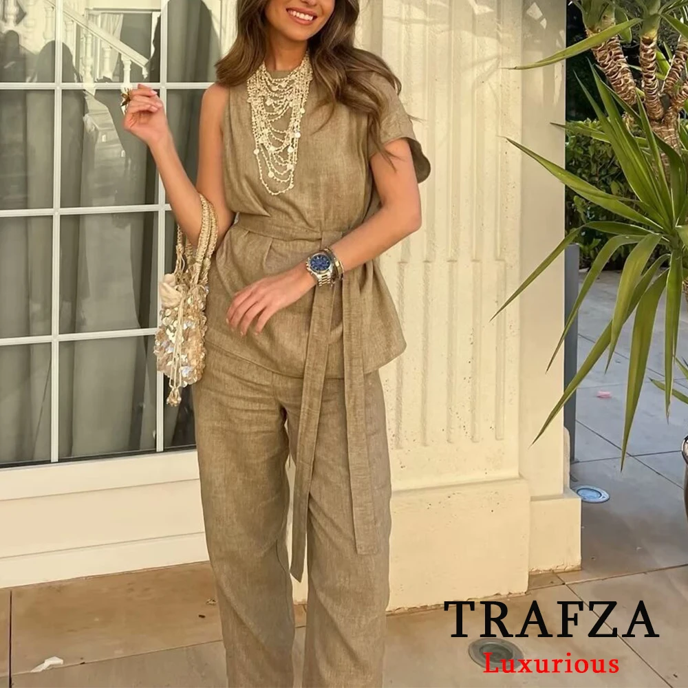 TRAFZA Casual Khaki Denim Women Suits Sleeveless Sashes Loose Tops+High Waist Wide Leg Pants Fashion 2024 Summer Female Sets