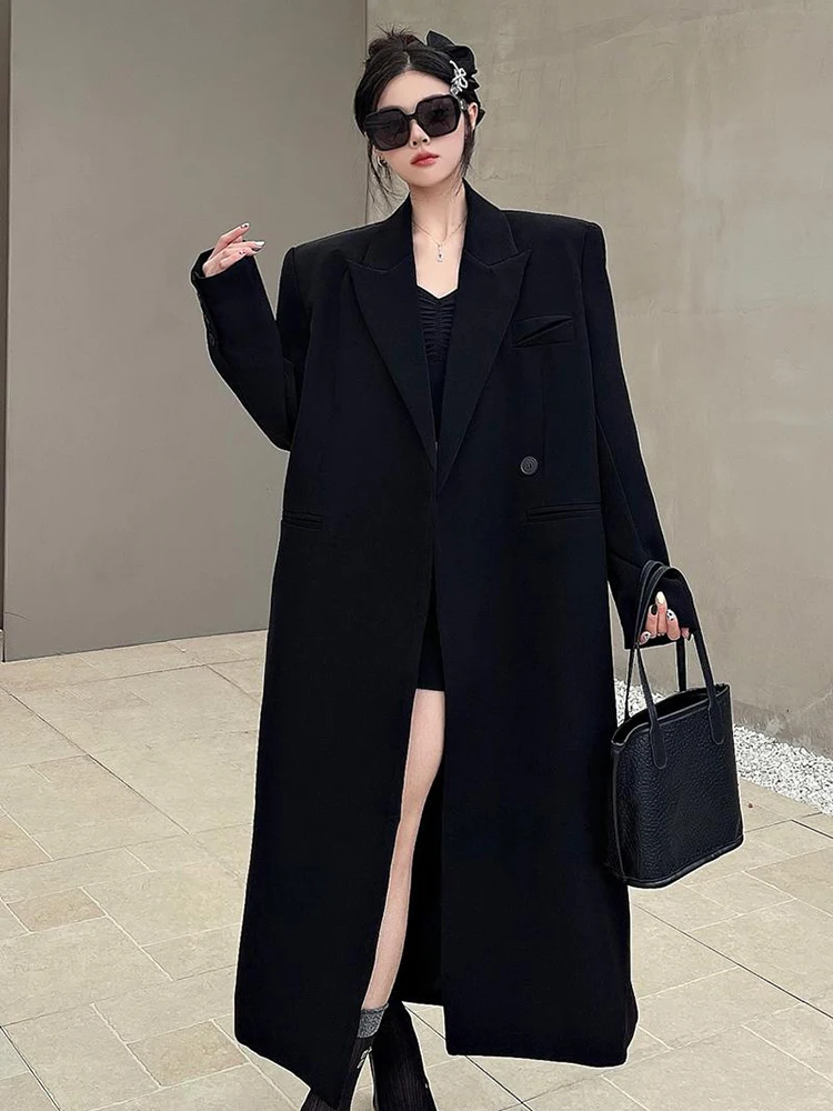 YERMORA Black Office Lady Long Blazer For Women Lapel Long Sleeve Fashion Tide Pocket Casual Trench Spring Autumn 2024 New