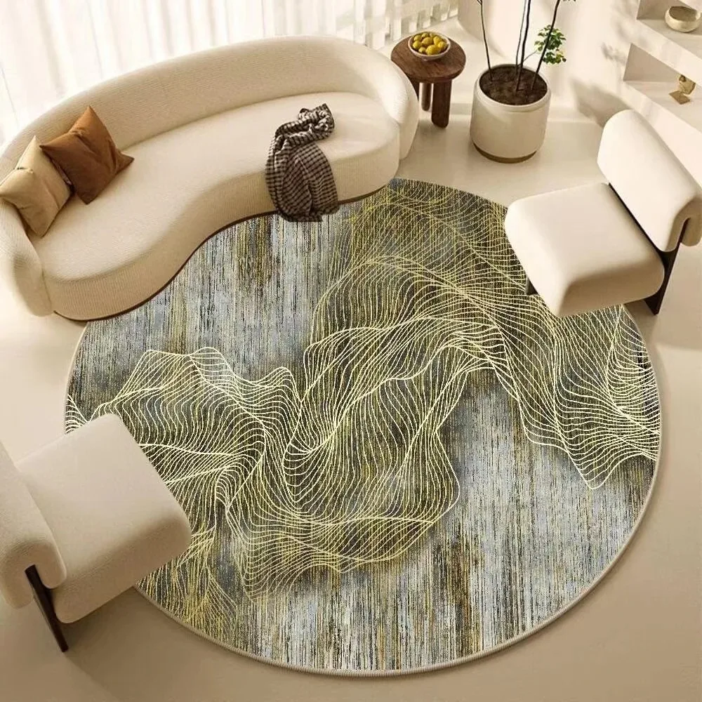 Modern Wavy Contour Line Round Carpet, Elegant Grey Blue Abstract Curve Pattern Print, Large Area Rug for Living Room Bedroom