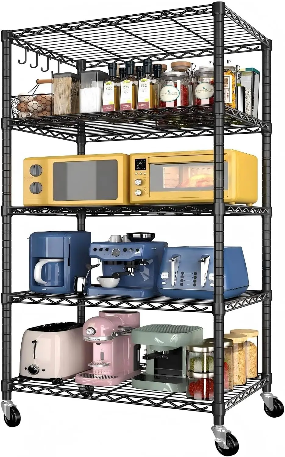 Wire Storage Shelves with Wheels: 5 Tier Adjustable Metal Shelving Unit,  Heavy Duty Kitchen Bakers Rack, Rolling Pantry Shelf Organizer for Closet, Laundry, Garage