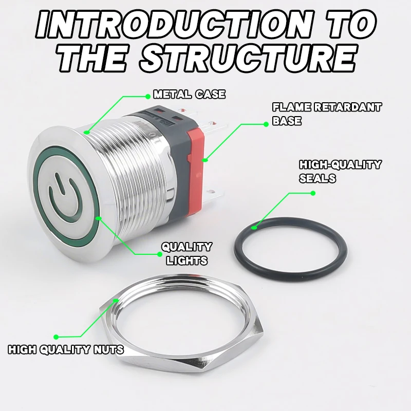 10A High Current 22MM Metal Push Button Switch Flat Head With LED 2NO Latching Momentary 4Pins Power Switch With Wire - Image 2