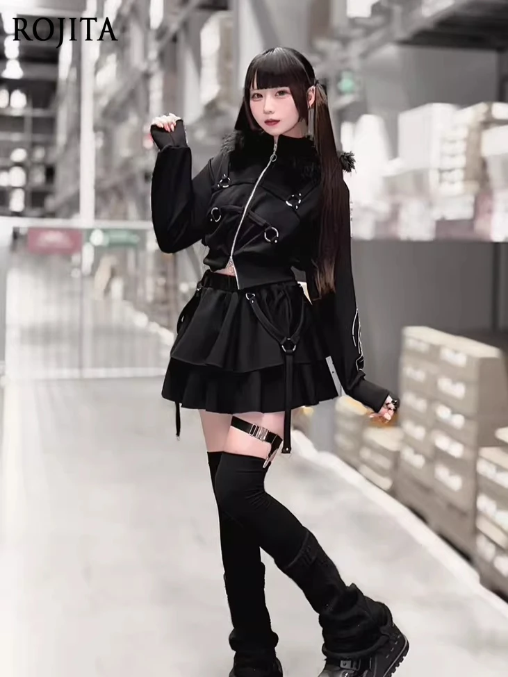 

Mine Style Short Skirt Set Women Outfits Japanese Subculture Dark Printed Goth Original Hooded Short Coat Hat Removable