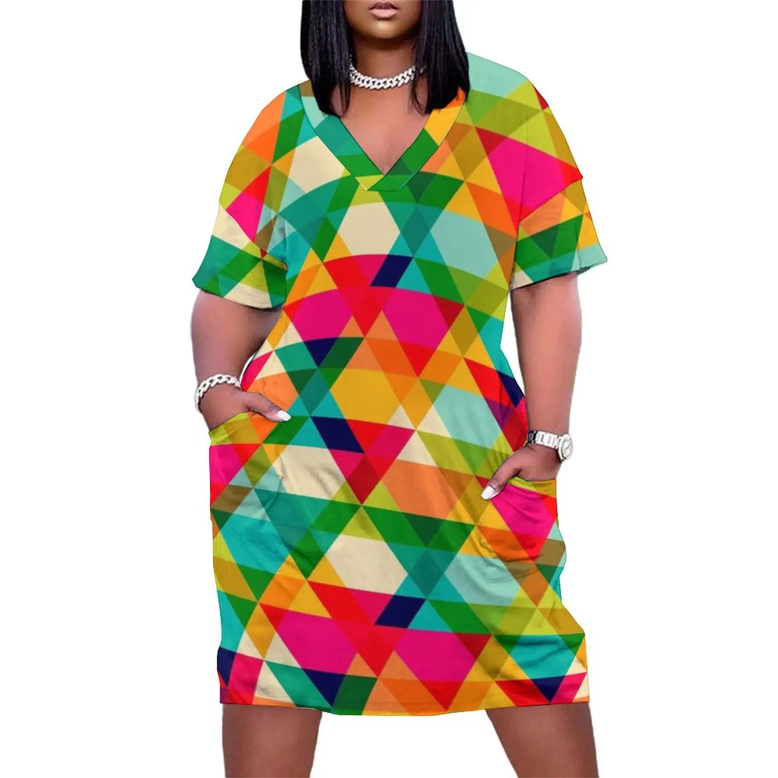 

Fun Colorful Bright Geometric Triangle Pattern Loose Pocket Dress Women's clothing women's summer clothing 2025