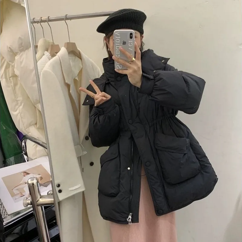 Imagem -03 - Jaqueta com Capuz com Bolsos Grandes para Mulheres Parkas de Cintura Feminina Sobretudo Quente Outwear Grosso Cabolsa Solto Novo Inverno 2023