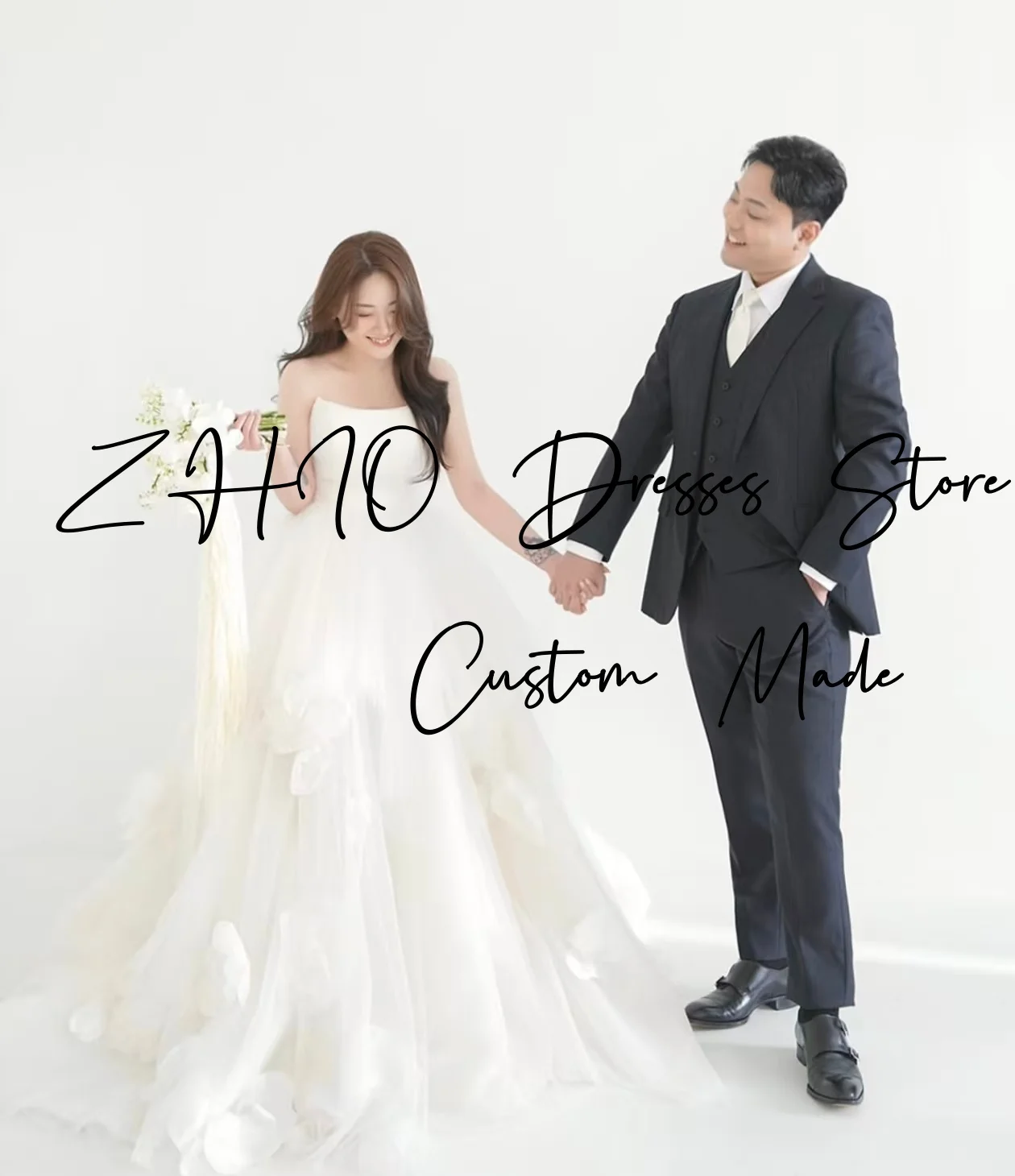 ZHIO Princess Flowers Wedding Dress Sweetheart Draped Sweep Train Ivory Tulle Korea Photo Shoot Bridal Gown Custom 웨딩드레스