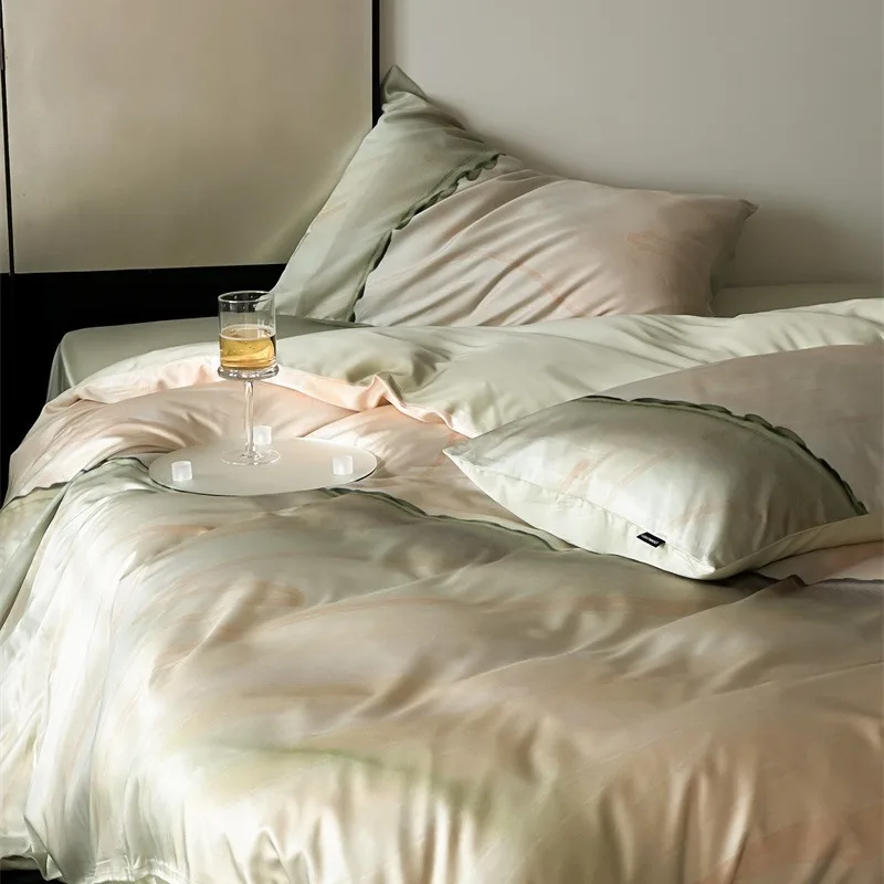 Light luxury and high-end feel~60s ice silk four piece set silky smooth nude sleeping new Lanjing Tencel bed sheets summer beddi