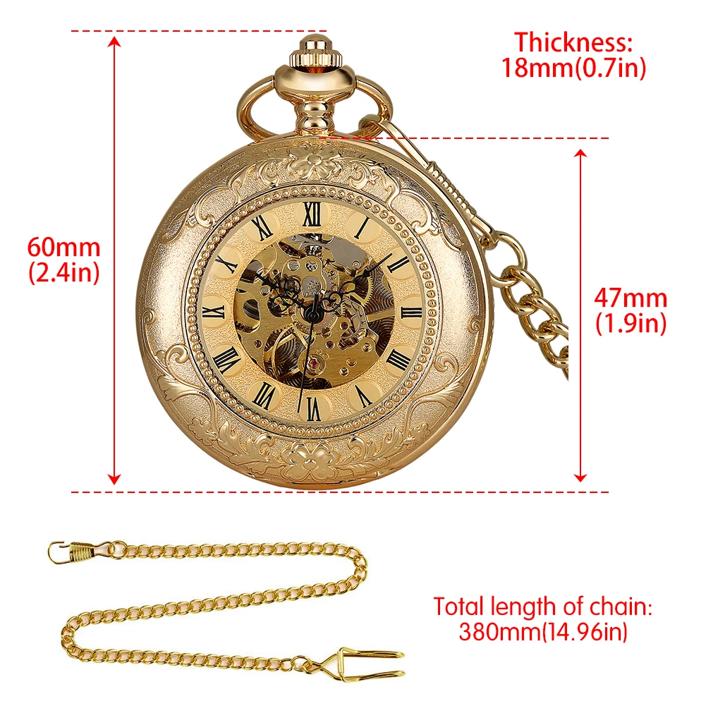 Golden Double Hunter Mechanical Hand Winding Pocket Watch Transparent Glass Roman Numerals Dial FOB Chain Pendant Clock Gift