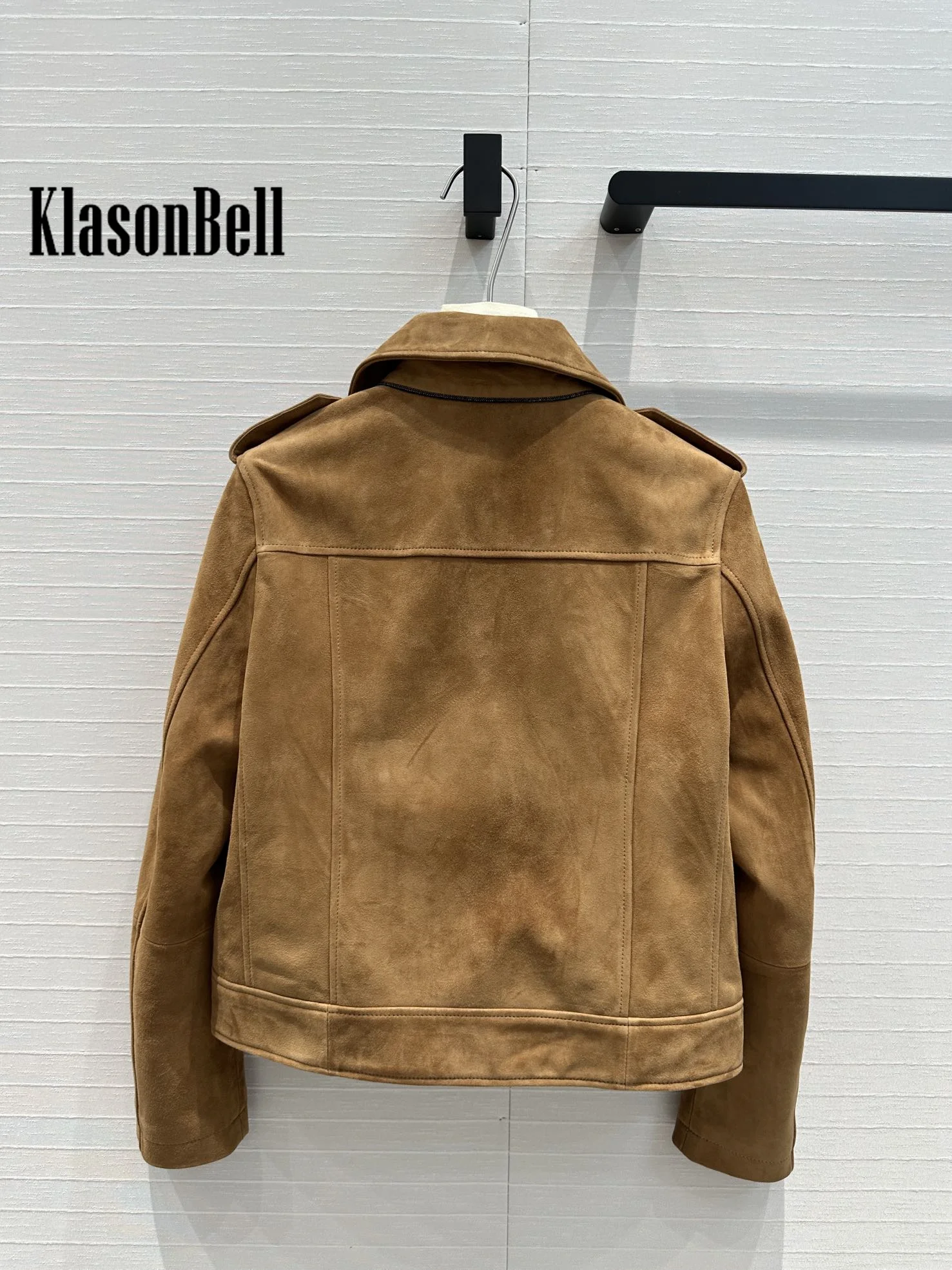 8.9 KlasonBell Luxury KId Suede Moto Biker Jacket For Women Beading Chain Lapel Collar Zipper Short Genuine Leather Coat