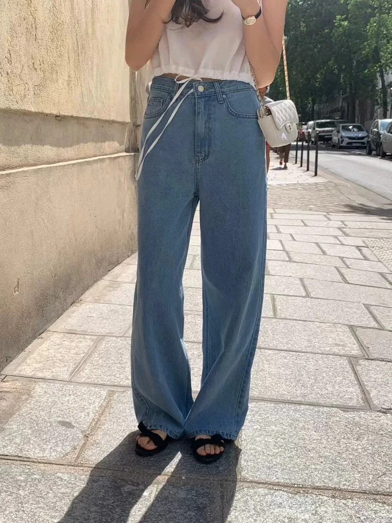 

Летние джинсы 2026 года с высокой талией и широкими штанинами в корейском стиле, длинные брюки, элегантные модные повседневные женские джинсы