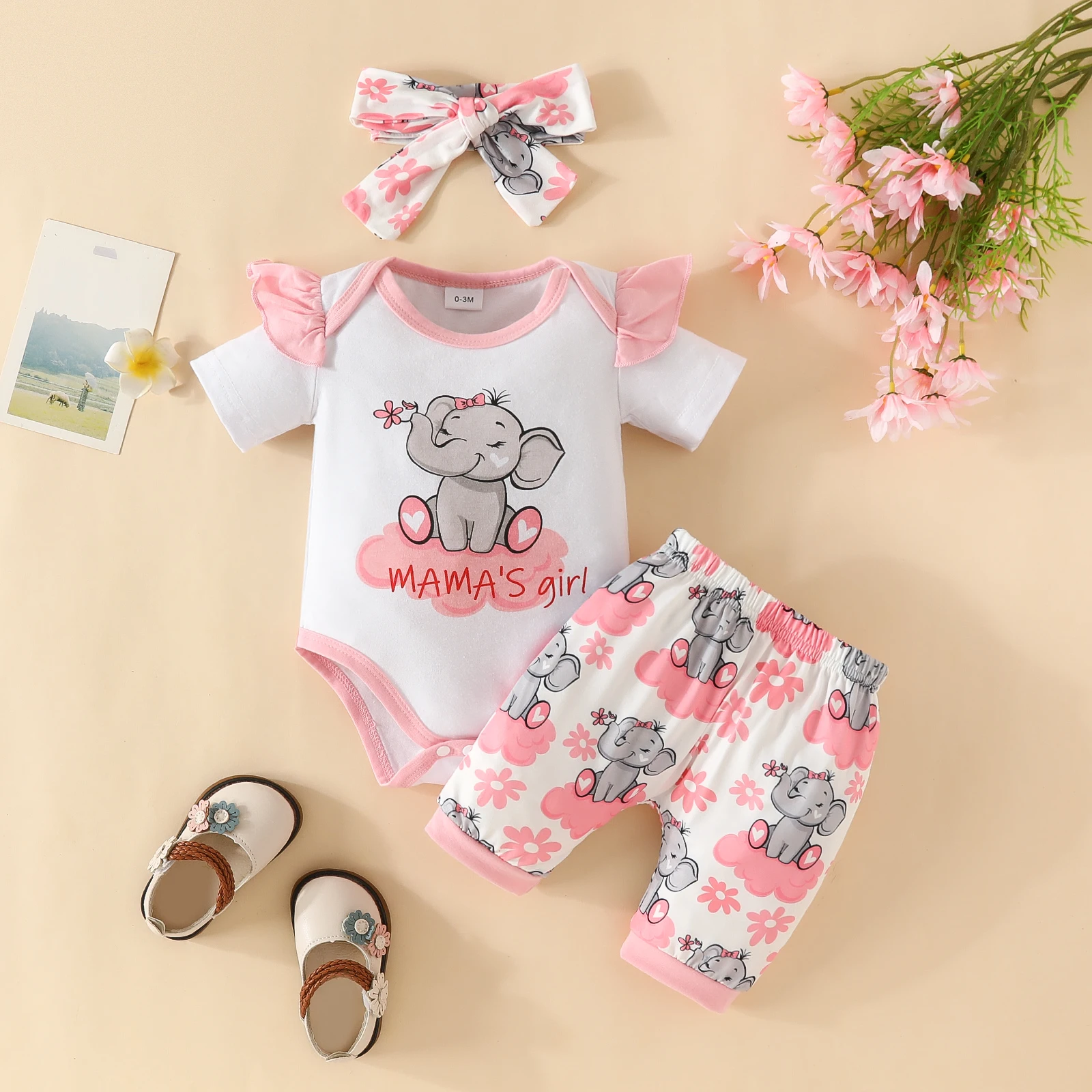 0-2Years Newborn Baby Girl Daily Clothes Set Cartoon Elephant Short Sleeve Romper + Shorts with Headband Summer Lovely 3PCS Outf