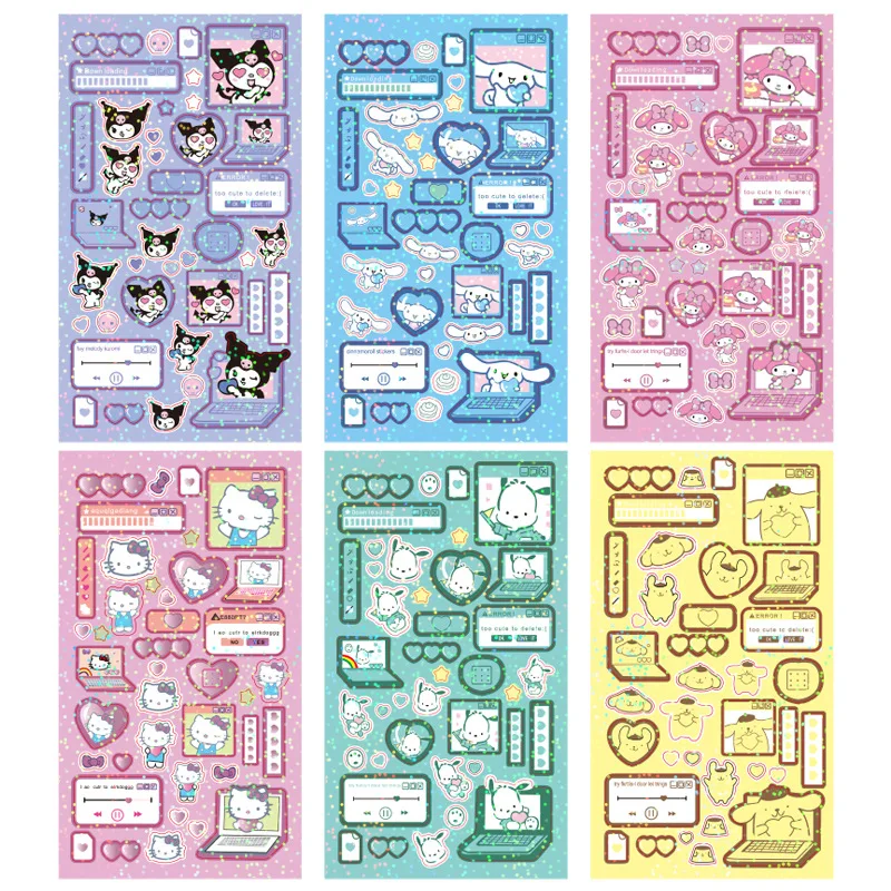 6Sheets Sanrio Kuromi Hand Acount Sticker Hello Kitty Melody Cinnamoroll Handbook Decorative Stickers Girls Gifts Kids Toys