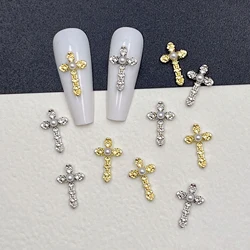 10Pcs Luxury Dark Pearl Cross Nail Decorations Metal Nail Art Charms 3D Alloy Rhinestones Retro DIY Manicure Accessories 9*14mm