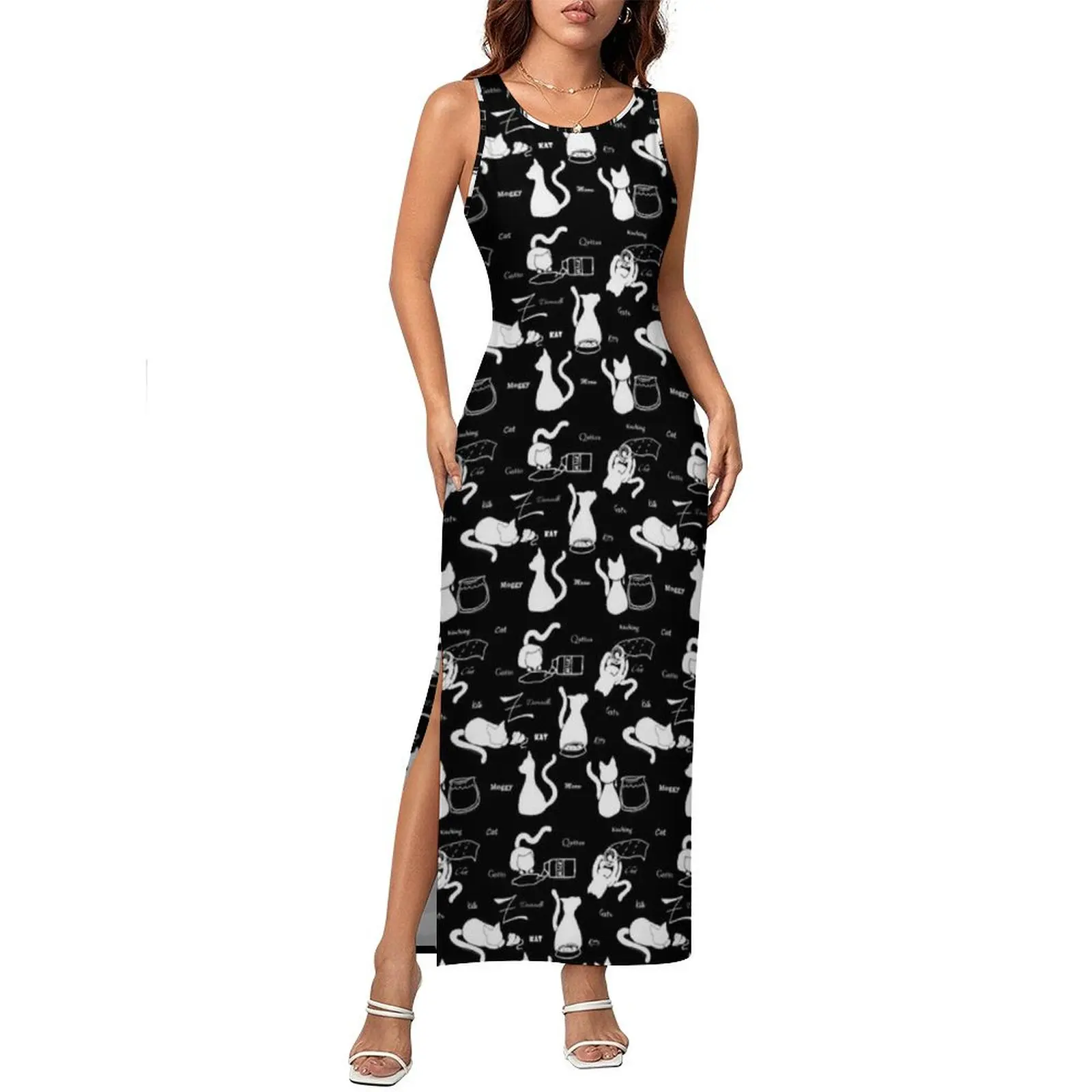 

Playful Black Cat Dress Sleeveless Animal Silhouette Night Club Maxi Dresses Spring Y2K Fashion Custom Bodycon Dress 2XL 3XL 4XL