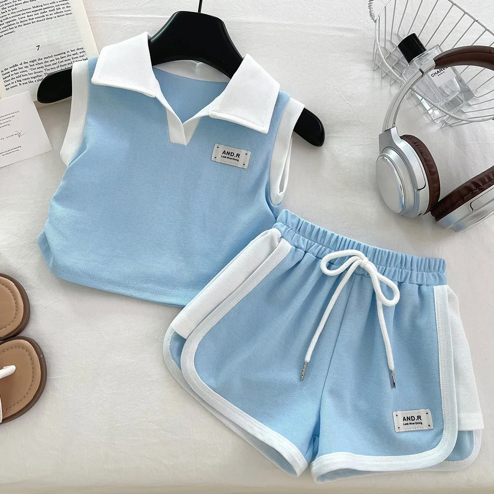 Children Girls Tracksuits Cotton Sticker Turn Down Collar Sleeveless Sweatshirt Suits Loose Spliced Elastic Waist Shorts Outfits