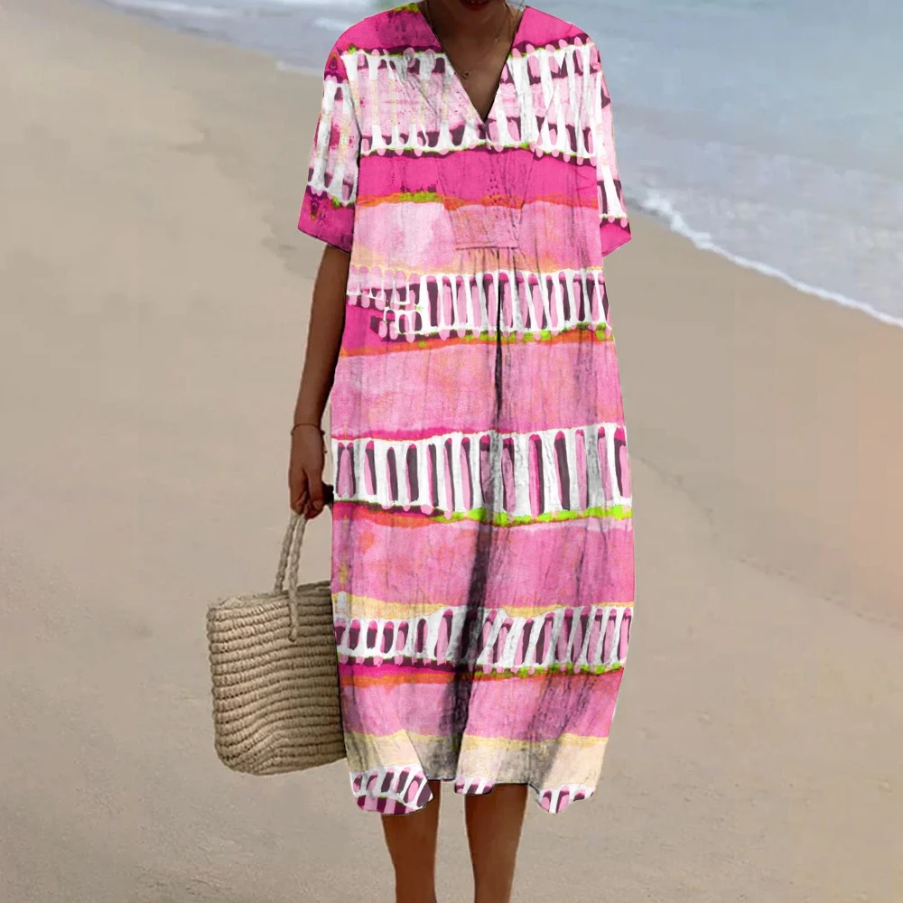 

Pink Beach Dress Holiday Seaside Women's Linen Dress Comfortable Casual Dressy Loose Vestidos Elegant Women's Clothing