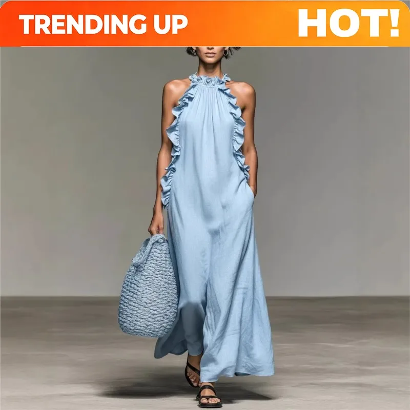 Customization Women's Sexy Halter Ruffle Maxi Dress Solid Pockets Loose Long Dress Summer Elegant Sleeveless Bohemian Vacation B