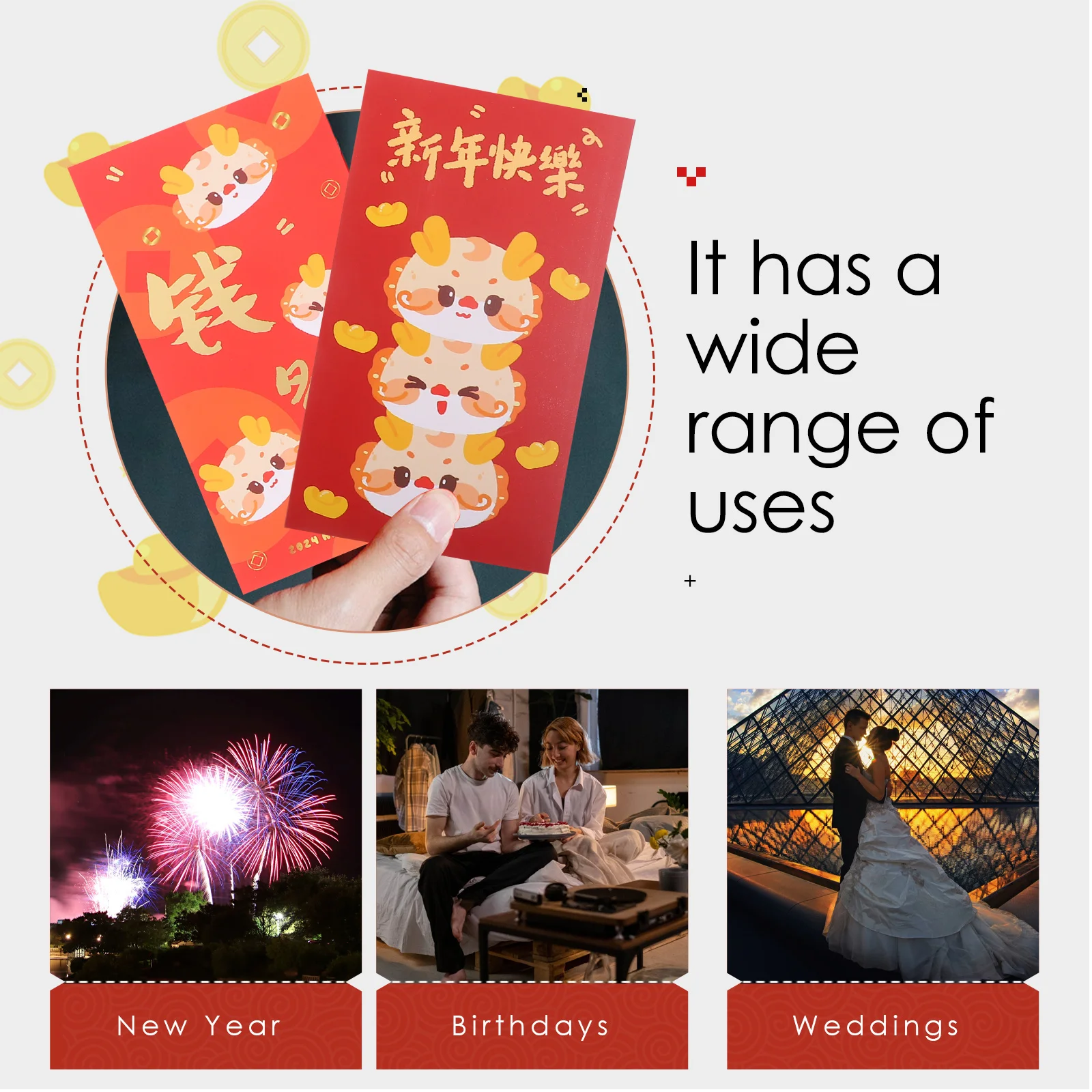 

6pcs Dragon Year Red Envelopes 2024 Lucky Money Packets Paper Bags Exquisite Design Modern Elements Traditional Culture New Year