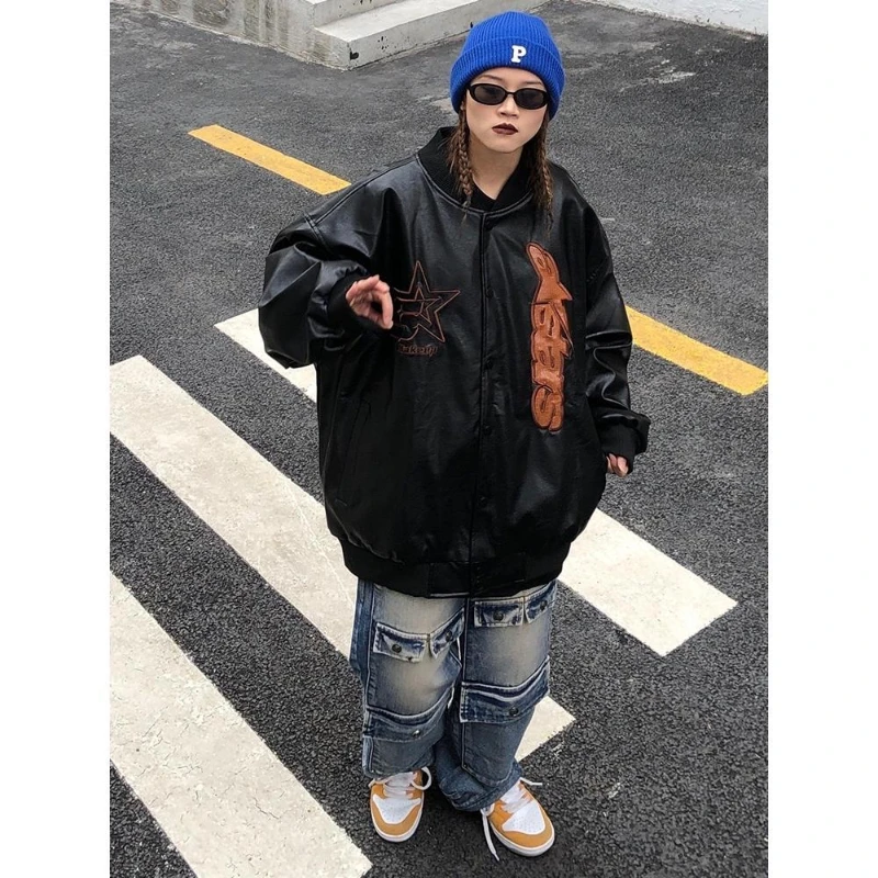 autumn and winter new American retro street leather jacket female Y2K couple hip-hop loose casual wild baseball uniform jacket