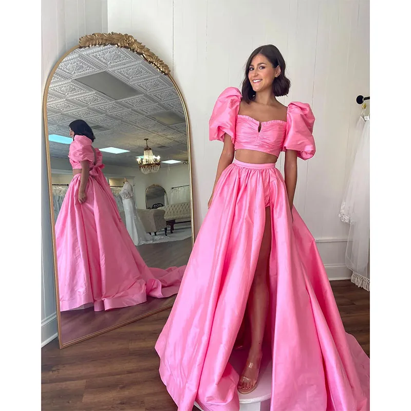 Robe de Soirée Rose à Manches Courtes Bouffantes pour Femme Tenue Élégante, Fendue sur les Cuisses, Dos aux, Formelle