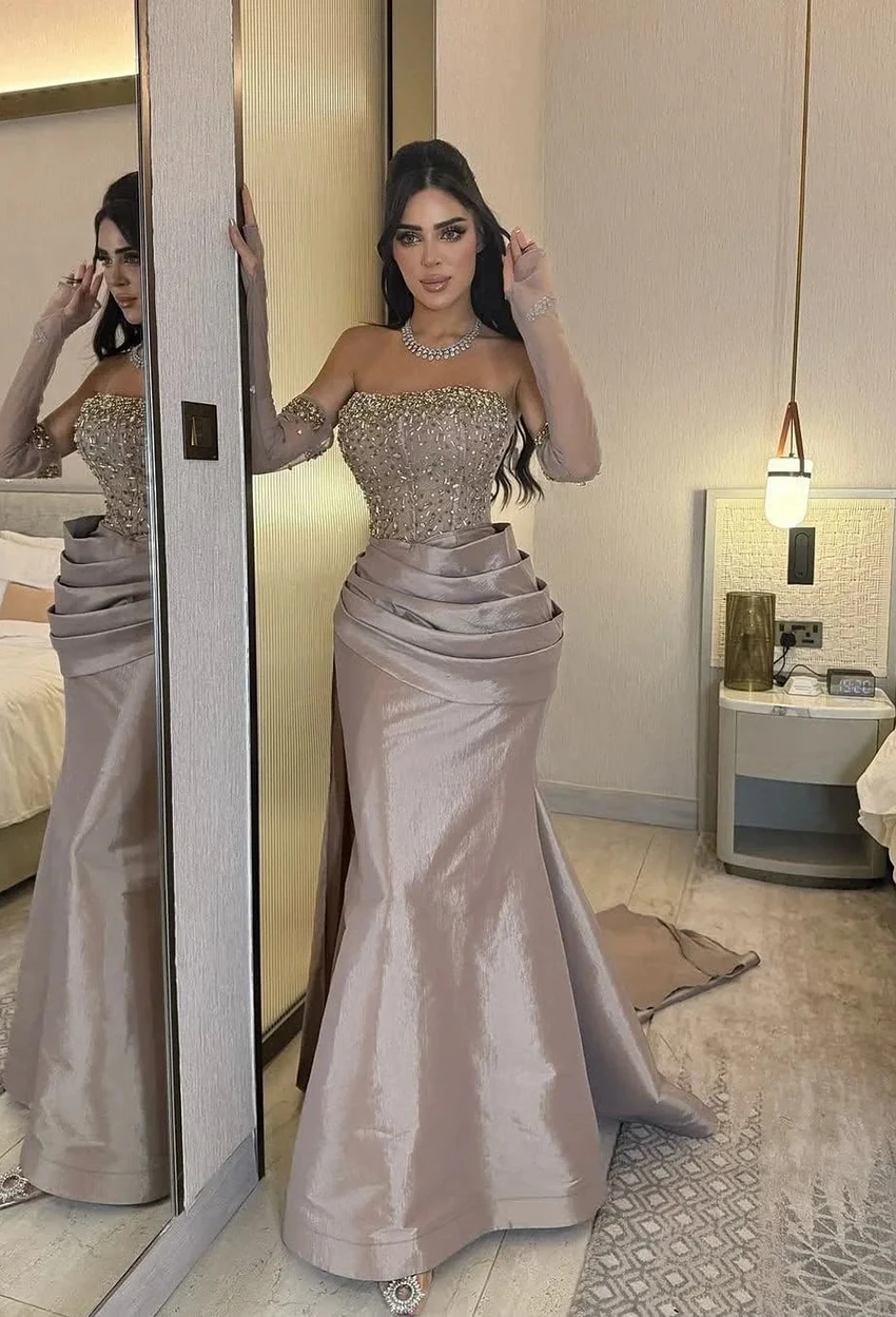 

Lzhk Customized Temperament Satin Mermaid Crystal Beading Evening Dress High Quality Strapless Strapless Sleeveless Prom Gowns