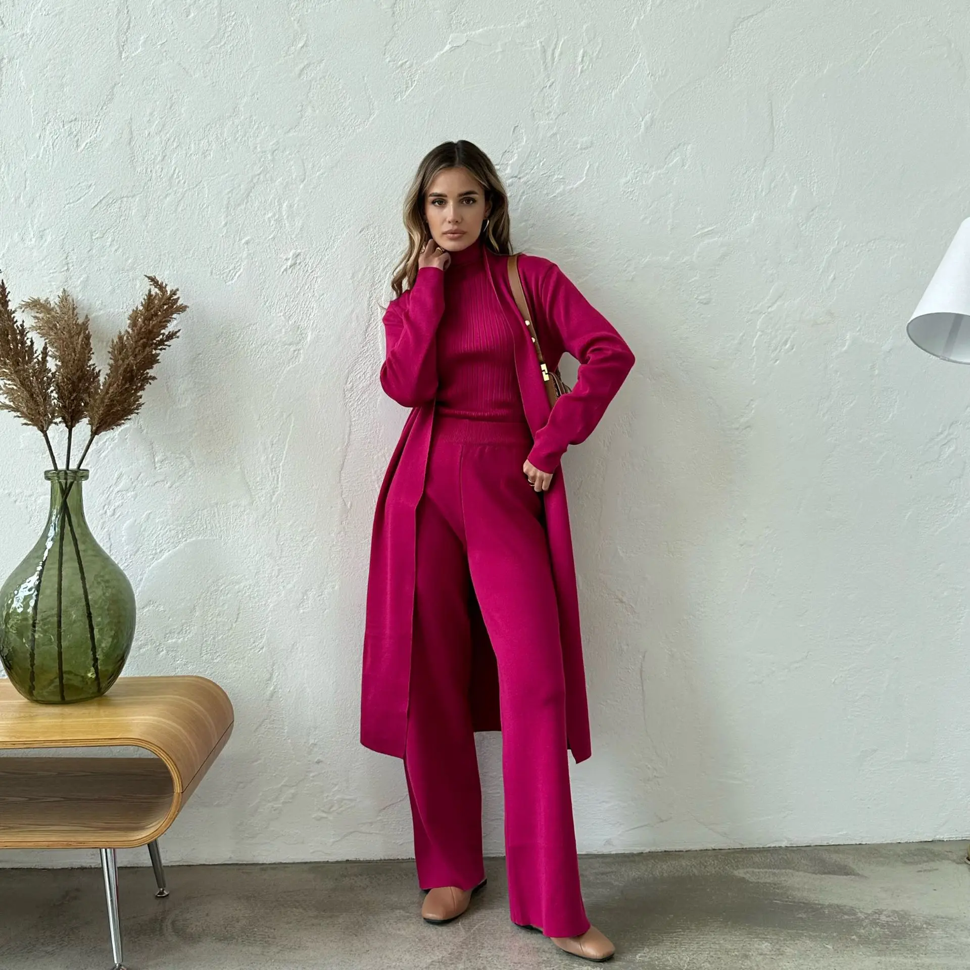 Women Three Piece Sets High Neck Vests Long Cardigan Full Sleeve Elastic Waist Pants Regular Solid Pant Suits Casual Knit