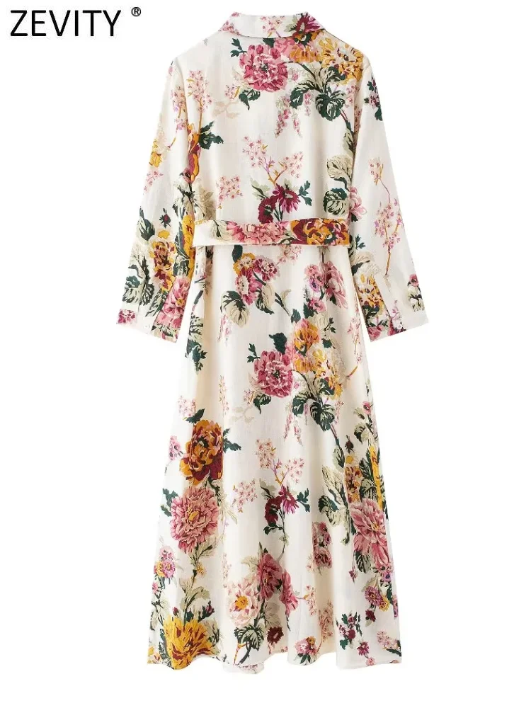 Zevity 2024 New Women Vintage Floral Print Bow Sashes Shirt Midi Dress Female Chic Turn Down Collar Casual Slim Vestidos DS6238