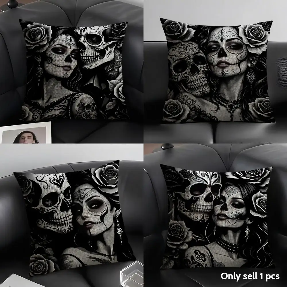 Day of the Dead Cushion Cover Natural Linen Organic Fabric Double Sided Print Sofa Pillow Case Home Decor Gift