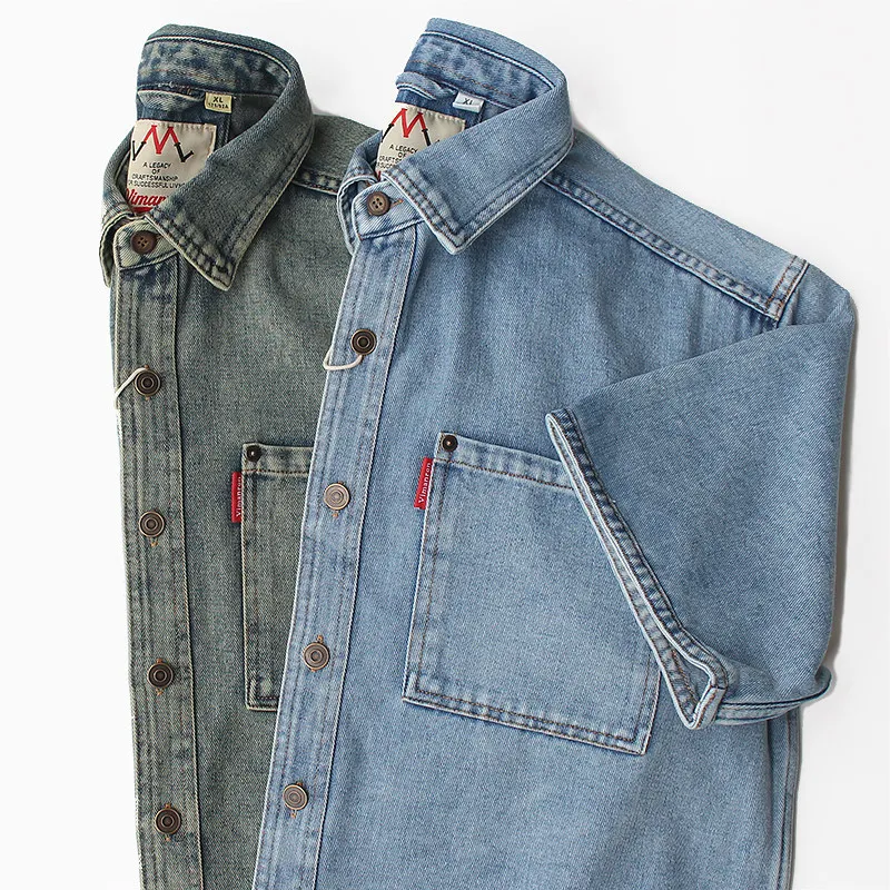 96# Summer New American Retro Short Sleeve Lapel Denim Shirt Men's Fashion Washed 100% Cotton Loose Double Pocket Casual Blouses