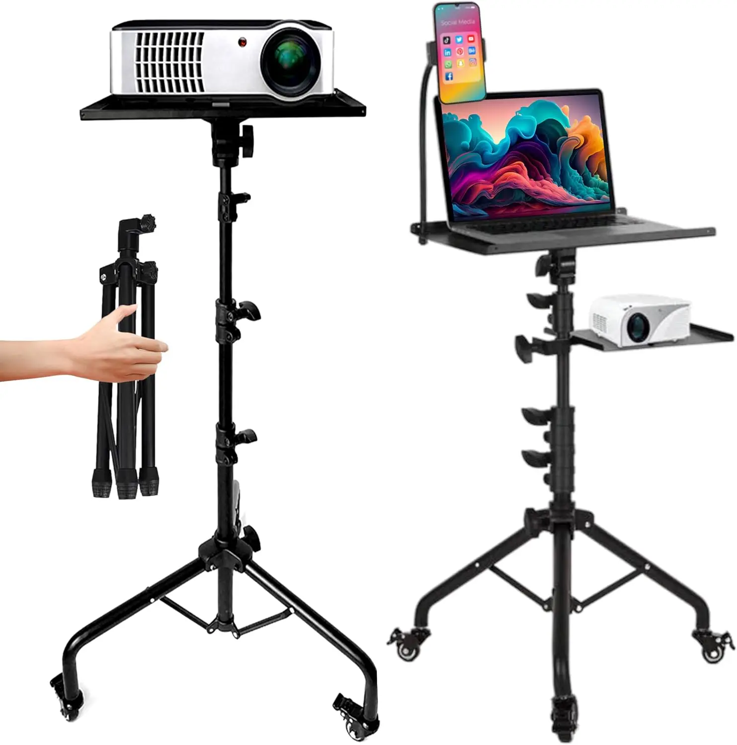 

Adjustable Height Laptop & Projector Tripod Stand with Wheels and Gooseneck Phone Holder for Portable Use