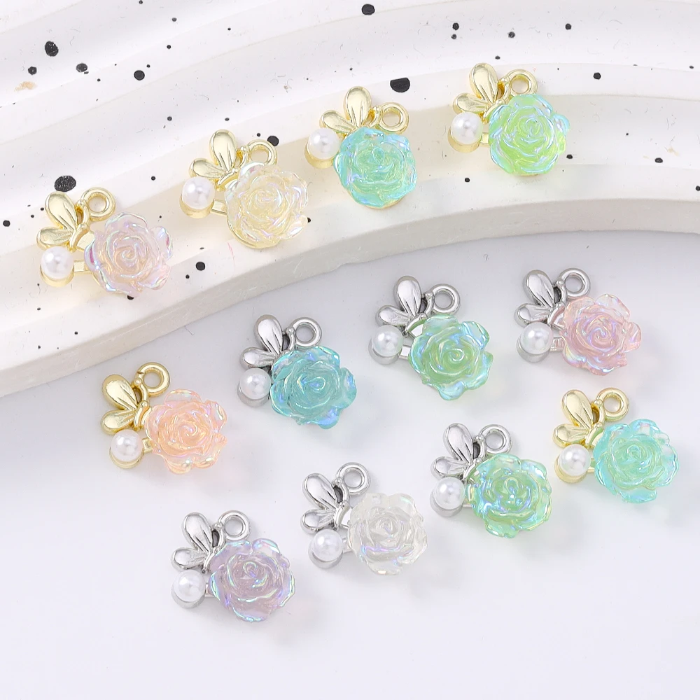 

5pcs Pretty Pearl Crystal Charms Rose Flower Pendants for Jewelry Making DIY Necklace Earrings Bracelet Accessories Supplies