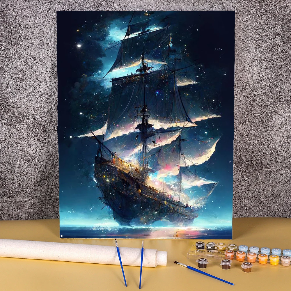 50x70cm Painting By Numbers Kits Starry Sky Sailboat Figure Oil Paints Acrylic Cnavas Home Bedroom Wall Artcraft Picture Pintura